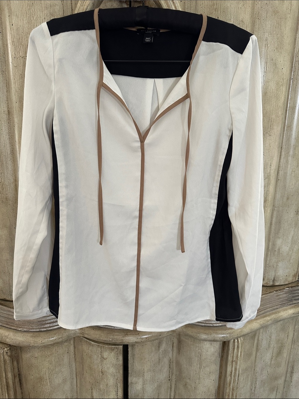 Ann Taylor Ivory Blouse with Black Panels & Tan Trim